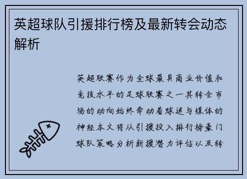 英超球队引援排行榜及最新转会动态解析